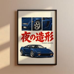 Puede incluir: Un póster enmarcado que muestra un coche deportivo azul con faros escamoteables y llantas de cinco radios. El diseño incluye tres paneles en primer plano del coche, kanjis rojos y el texto "MIDNIGHT GEOMETRY" en un marco negro.
