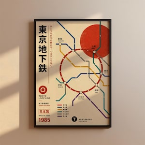 以下が含まれることがあります： 東京の地下鉄路線図を様式化したポスター。大きな赤い円、色とりどりの路線、東京地下鉄、Tokyo Loop Line、1985年という日本語と英語のテキストが描かれ、黒いフレームに収められている。