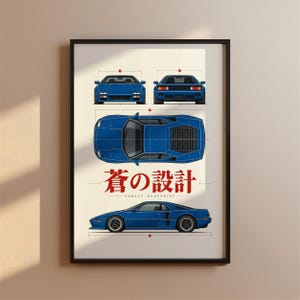 May include: A framed art print featuring a blue sports car in four views: front, rear, top, and side. The design includes technical lines and the Japanese text 蒼の設計 with the English text Cobalt Blueprint printed in red and black ink on white.