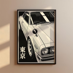 May include: A framed vertical art print featuring a white vintage sports car in a high-contrast graphic style. The car is angled toward the viewer, showcasing a round side mirror and dual headlights. The Japanese characters for Tokyo are printed in white on a black background.