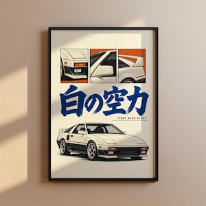 Puede incluir: Un póster enmarcado que muestra un coche deportivo blanco con faros retráctiles y un alerón trasero. El diseño incluye tres paneles detallados del coche, grandes caracteres de caligrafía japonesa en azul y el texto Ivory Aero Study.