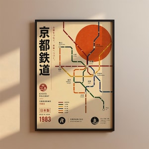 以下が含まれることがあります： 京都の鉄道路線図をデザインした額入りポスター。色分けされた路線、大きなオレンジ色の円、京都鉄道や1983といった日本語のテキストが特徴です。凡例、駅名、小さな五重塔のアイコンが含まれています。