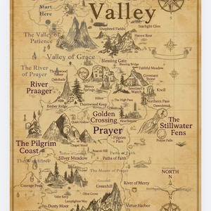 May include: A vintage-style parchment map titled The Silver Valley, featuring detailed illustrations of mountains, forests, and rivers. The map includes labeled locations like The Pilgrim Coast, Golden Crossing, and The Stillwater Fens, with two compass roses and a list of Kingdoms of the West in the bottom left corner.