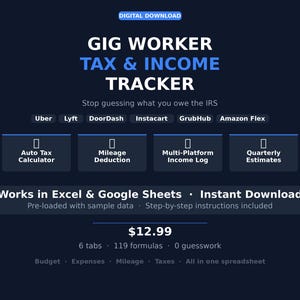 Może przedstawiać: Grafika cyfrowa dla "GIG WORKER TAX & INCOME TRACKER". Zawiera sekcje dla kalkulatora podatkowego, odliczenia kilometrów, rejestru dochodów z wielu platform i szacunków kwartalnych. Kompatybilny z Excel i Google Sheets.