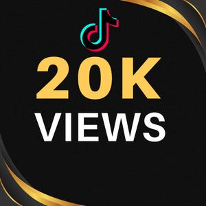 Puede incluir: Fondo negro con detalles dorados y el logotipo de TikTok en la parte superior. El texto "20K VIEWS" se muestra en letras amarillas y blancas. El logotipo de TikTok es rojo, azul y blanco.