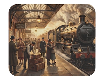 Vintage Steam Train Station Mouse Pad | Retro Railway Platform Illustration