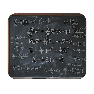 May include: A rectangular black chalkboard featuring white handwritten mathematical and physical equations, including derivatives, integrals, and vector notation, with visible chalk dust smudges across the dark surface.