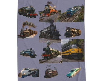 Vintage and Modern Trains Velveteen Plush Blanket | Locomotive Collage