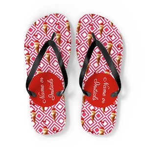 Ice Cream Pattern Flip Flops With Customizable Name, Initials | Red Geometric Beach Sandals