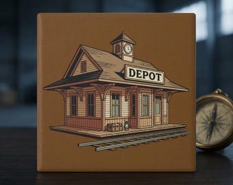Vintage Train Depot illustration Ceramic Coaster | retro railroad station cork back