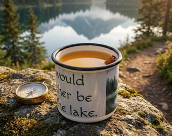 I Would Rather Be at the Lake Enamel Camp Cup | Lakeside Nature Scene Mug