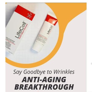 May include: A white tube and box of LifeCell South Beach Skincare products. The tube and box have red accents and the LifeCell logo. The text "Say Goodbye to Wrinkles ANTI-AGING BREAKTHROUGH" is displayed below the products.