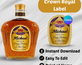 Plantilla de Canva para etiqueta personalizada de whisky Crown Royal, etiqueta imprimible para bebidas alcohólicas personalizable, regalo especial para cumpleaños y celebraciones.