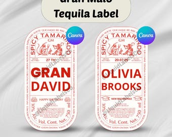 Etiqueta personalizada para tequila Grand Malo, etiqueta imprimible para bebidas alcohólicas, plantilla editable de Canva para cumpleaños, celebraciones y fiestas.