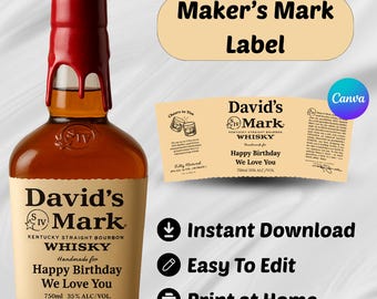 Etiqueta personalizada para whisky Makers Mark, plantilla personalizable para pegatinas de licor en Canva, regalo especial imprimible para cumpleaños y celebraciones.