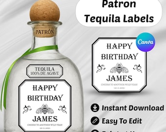 Plantilla de Canva para etiquetas personalizadas de tequila Patrón, etiquetas personalizadas para botellas de licor, plantillas de pegatinas imprimibles para cumpleaños y celebraciones.