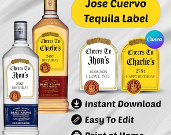 Plantilla imprimible de Canva para etiqueta de tequila Jose Cuervo, pegatina personalizada para botella de tequila para celebraciones, regalo especial para bodas y fiestas.
