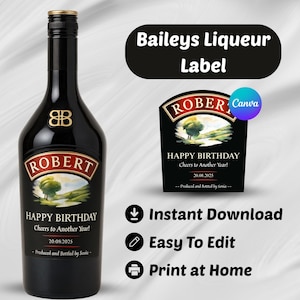Peut inclure: Une bouteille noire de liqueur Baileys avec une étiquette personnalisée portant le nom Robert, une illustration de paysage et le texte Happy Birthday, Cheers to Another Year, 20.08.2025, et Produced and Bottled by Sonia. Fichier numérique inclus.