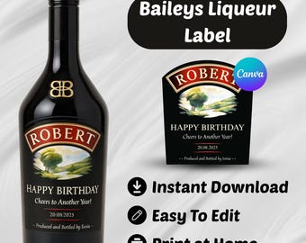Etiqueta personalizada para botella de licor Baileys, plantilla personalizable en Canva para etiquetas de botellas de alcohol, regalo especial para cumpleaños y celebraciones.