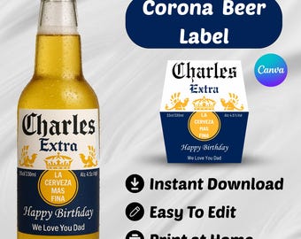Plantilla de Canva para etiqueta personalizada de cerveza Corona, pegatina de cerveza imprimible, etiqueta de botella editable, regalo de cumpleaños y graduación, sorpresa especial