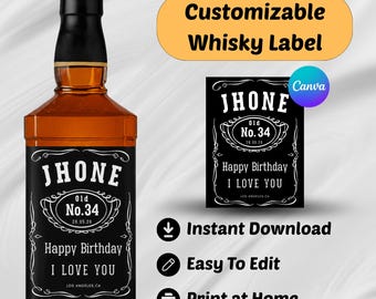 Plantilla de Canva para etiquetas de whisky personalizadas, pegatinas imprimibles para botellas de alcohol, regalo especial para cumpleaños, fiestas, bodas y celebraciones.