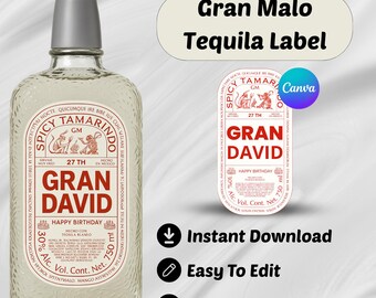 Etiqueta personalizada de tequila Grand Malo, plantilla imprimible de Canva para etiquetas de tequila, plantilla editable para cumpleaños y celebraciones.