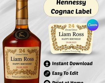 Modelo de rótulo personalizado para garrafa de conhaque Hennessy no Canva, rótulo de bebida imprimível e personalizável, presente especial para aniversários e comemorações.
