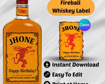 Etiqueta editable para whisky Fireball, plantilla personalizable de Canva para pegatinas de bebidas alcohólicas, etiqueta imprimible para bebidas especiales, regalo para cumpleaños y celebraciones.