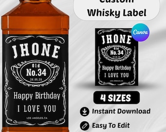 Plantilla personalizable de Canva para etiquetas de whisky, etiquetas imprimibles personalizadas para licores, pegatinas especiales para regalos de cumpleaños, bodas y celebraciones.