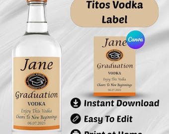 Etiqueta personalizada para vodka Tito's, plantilla editable de Canva para etiquetas de botellas de alcohol, regalo especial para cumpleaños, fiestas, bodas y celebraciones.