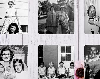 May include: A selection of six vintage black and white photographs. The images show various scenes, including portraits of people, a wedding, and group shots. The photos are arranged on a white wooden surface with decorative elements.