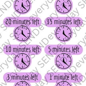 Può includere: Un set di otto etichette rettangolari color viola chiaro con angoli arrotondati, ognuna con un'icona di orologio nera e testo che indica il tempo rimanente da 30 minutes left a 1 minute left. Le etichette sono disposte in quattro file da due.