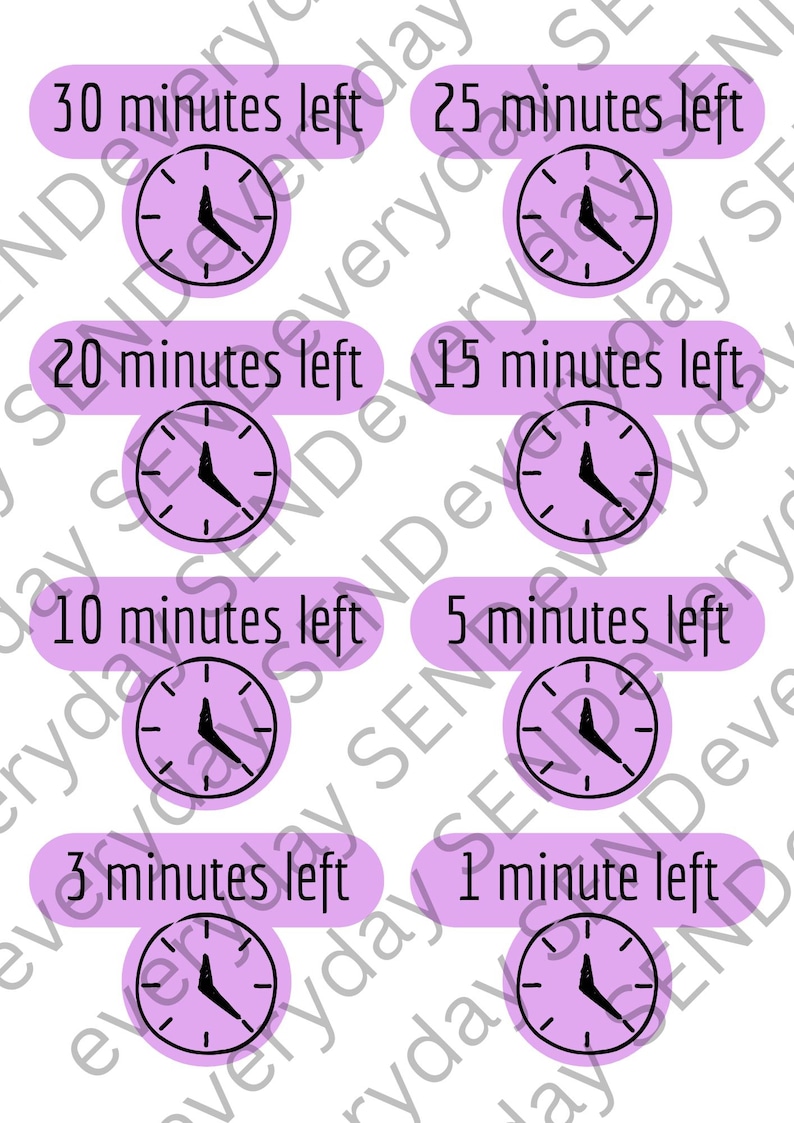 Op de afbeelding: Een set van acht lichtpaarse rechthoekige labels met afgeronde hoeken, elk voorzien van een zwart klokicoon en tekst die de resterende tijd aangeeft van 30 minutes left tot 1 minute left. De labels zijn gerangschikt in vier rijen van twee.
