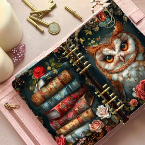 Könnte beinhalten: Ein hellrosa Ringbuch mit sechs Ringen und einem Innendruck, der eine detaillierte Eule mit großen orangefarbenen Augen zeigt, umgeben von roten und weißen Rosen sowie einem Stapel alter Bücher mit verzierten Buchrücken auf dunklem Grund.