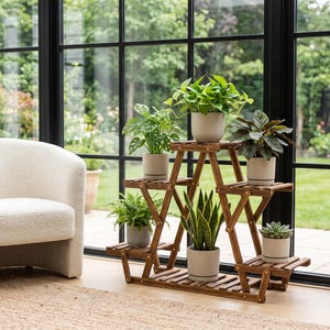 6 Tier Wooden Plant Stand, Corner Plant Shelf, Carbonized Pine Flower Pot Rack, Indoor Outdoor Plant Holder
