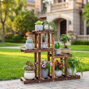 4-stöckiges Pflanzenregal aus Kiefernholz, für drinnen und draußen, mehrstufiges Blumentopfregal
