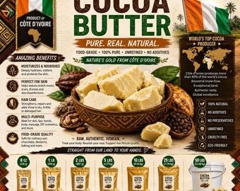 Rauwe cacaoboter, 100% pure, natuurlijke, ongeraffineerde cacao, geschikt voor gebruik in de keuken, bij het bakken en in cosmetica.