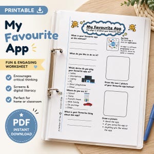 May include: A printable worksheet titled My Favourite App in a white binder. The page features sections for writing about a favorite application, checkboxes for devices and locations, and blank boxes for drawing icons and pictures related to the app.