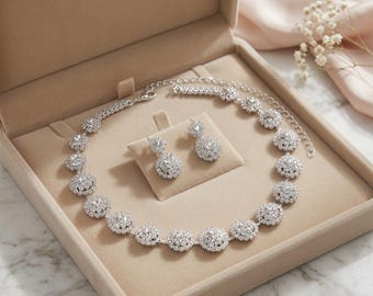 Silver Rhinestone Bridal Jewelry Set for Wedding, Necklace and Earrings