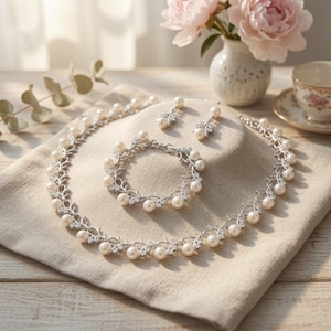 May include: A jewellery set consisting of a necklace, a bracelet, and a pair of drop earrings. Each piece features a silver-toned metal vine design accented with small white pearls and clear crystals arranged in a repeating leaf-like pattern.