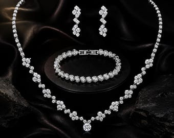 Silver Plated Crystal Bridal Jewelry Set: Necklace, Earrings, Bracelet – Prom Rhinestone Accessories