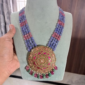Multi-Strand Sapphire Blue Ruby Pink Beaded Rani Necklace Antique Gold Pendant Traditional Indian Bridal Jewellery