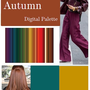 May include: A True Autumn digital palette guide featuring a color swatch strip with shades of deep green, mustard yellow, rust orange, and brown. The image includes a photograph of a person in a burgundy leather jacket and wide-leg trousers.