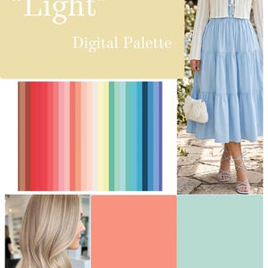 Könnte beinhalten: Eine digitale Farbpalette mit dem Titel Light, die ein Spektrum vertikaler Streifen von Dunkelrot bis Blau zeigt. Das Bild enthält ein hellblaues, gestuftes Midikleid, eine weiße kurze Strickjacke, eine weiße Handtasche mit Schleife und blondes Haar.