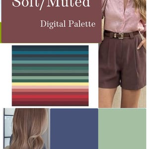 May include: A digital color palette titled Soft/Muted featuring a collection of horizontal stripes in shades of teal, green, yellow, pink, and red. The image includes a photograph of a light pink button-down shirt and brown shorts with a belt.