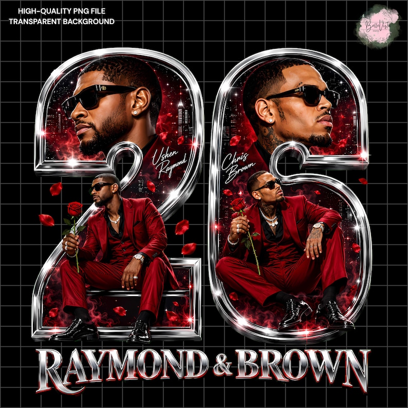 May include: A digital graphic featuring the number 26 in a metallic silver frame. Inside the numbers are portraits of Usher Raymond and Chris Brown wearing red suits and sunglasses, holding red roses against a dark, starry, and smoky background.