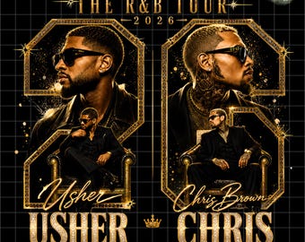 May include: A digital graphic design for The R&B Tour 2026 featuring portraits of Usher and Chris Brown. Both artists wear black suits and sunglasses, posed in ornate gold chairs. The text includes their names and the tour title in gold.