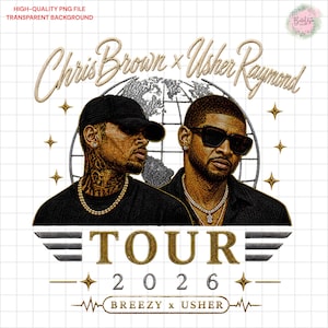 Könnte beinhalten: Eine digitale Grafik mit Porträts von Chris Brown und Usher Raymond sowie dem Text Chris Brown x Usher Raymond, TOUR 2026 und BREEZY x USHER. Das Design enthält eine Globus-Illustration, goldfarbene Sterne und Flügel auf einem Raster.