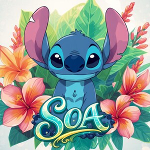 Op de afbeelding: Een blauw stripfiguur met grote oren en grote ogen, omringd door tropische bloemen en bladeren. De afbeelding bevat de tekst "SoA" in een gestileerd lettertype, tegen een lichtblauwe achtergrond.