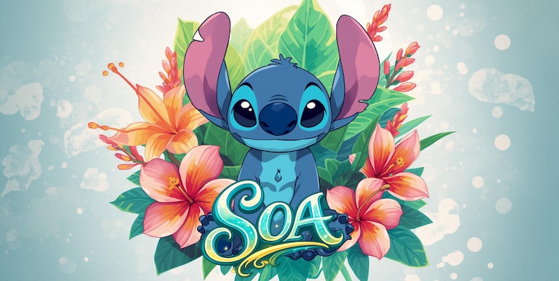Op de afbeelding: Een blauw stripfiguur met grote oren en grote ogen, omringd door tropische bloemen en bladeren. De afbeelding bevat de tekst "SoA" in een gestileerd lettertype, tegen een lichtblauwe achtergrond.